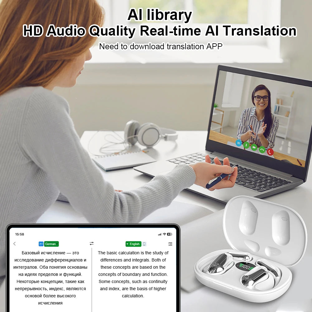 AI Translator Earbuds Real-Time Translators Headphones 144 Languages Voice Translator Wireless Bluetooth Earphones for Travel