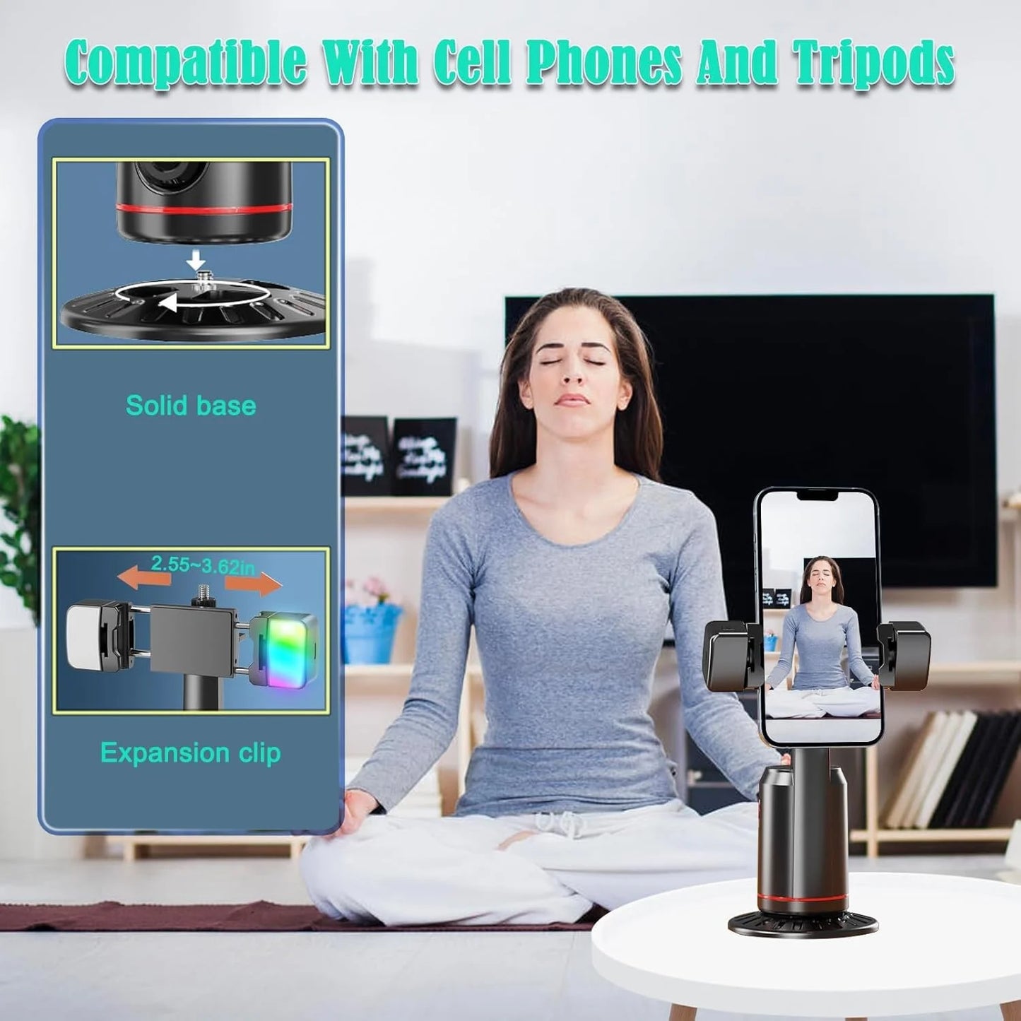 Auto Face Tracking Tripod, Smarts 360° Rotating Auto Tracking with Remote and RGB Fill Lights, Rechargeable 