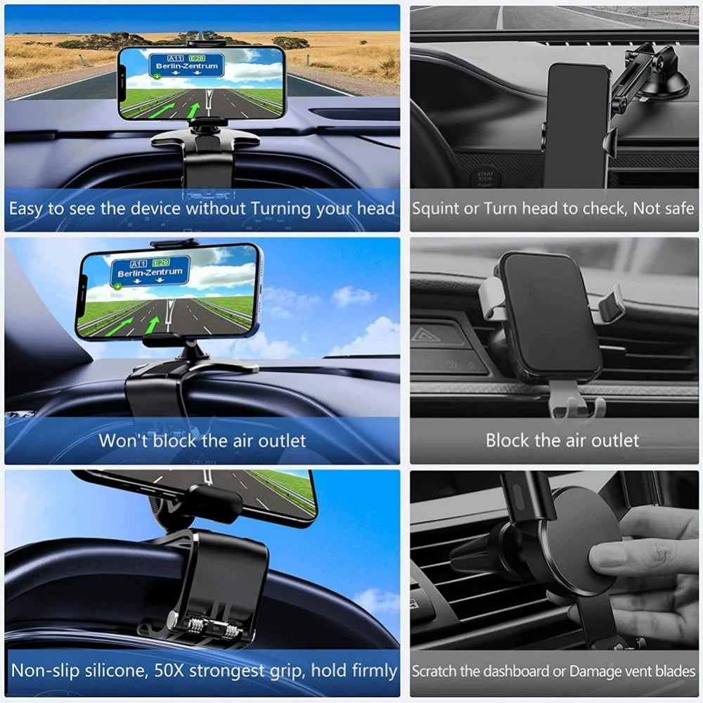 Car Phone Holder Mount 360 Degree Rotation Dashboard Cell Phone Holder for Car Clip Mount Stand Suitable for 4 to 7 Inch Smartphones