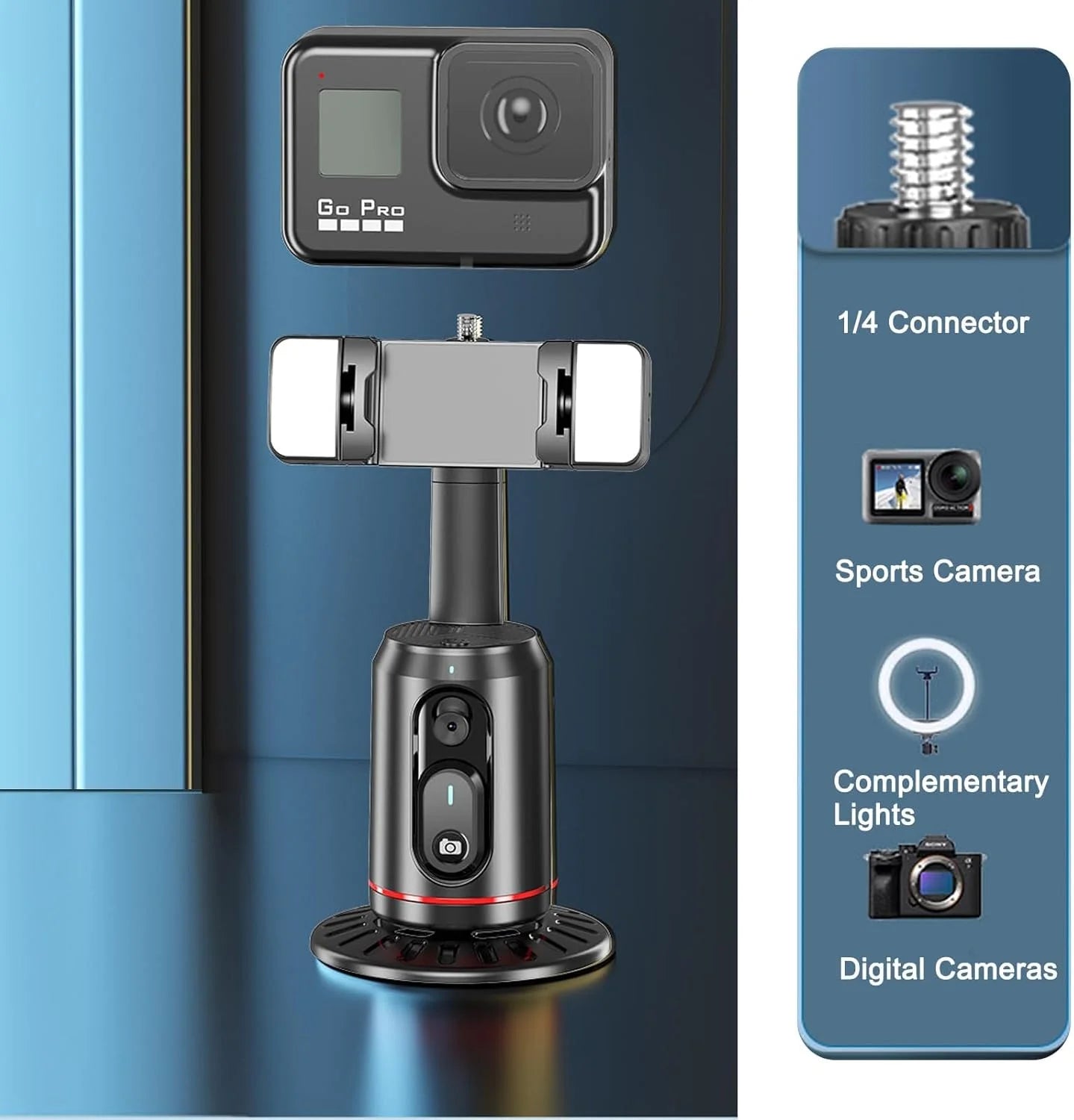 Auto Face Tracking Tripod, Smarts 360° Rotating Auto Tracking with Remote and RGB Fill Lights, Rechargeable 