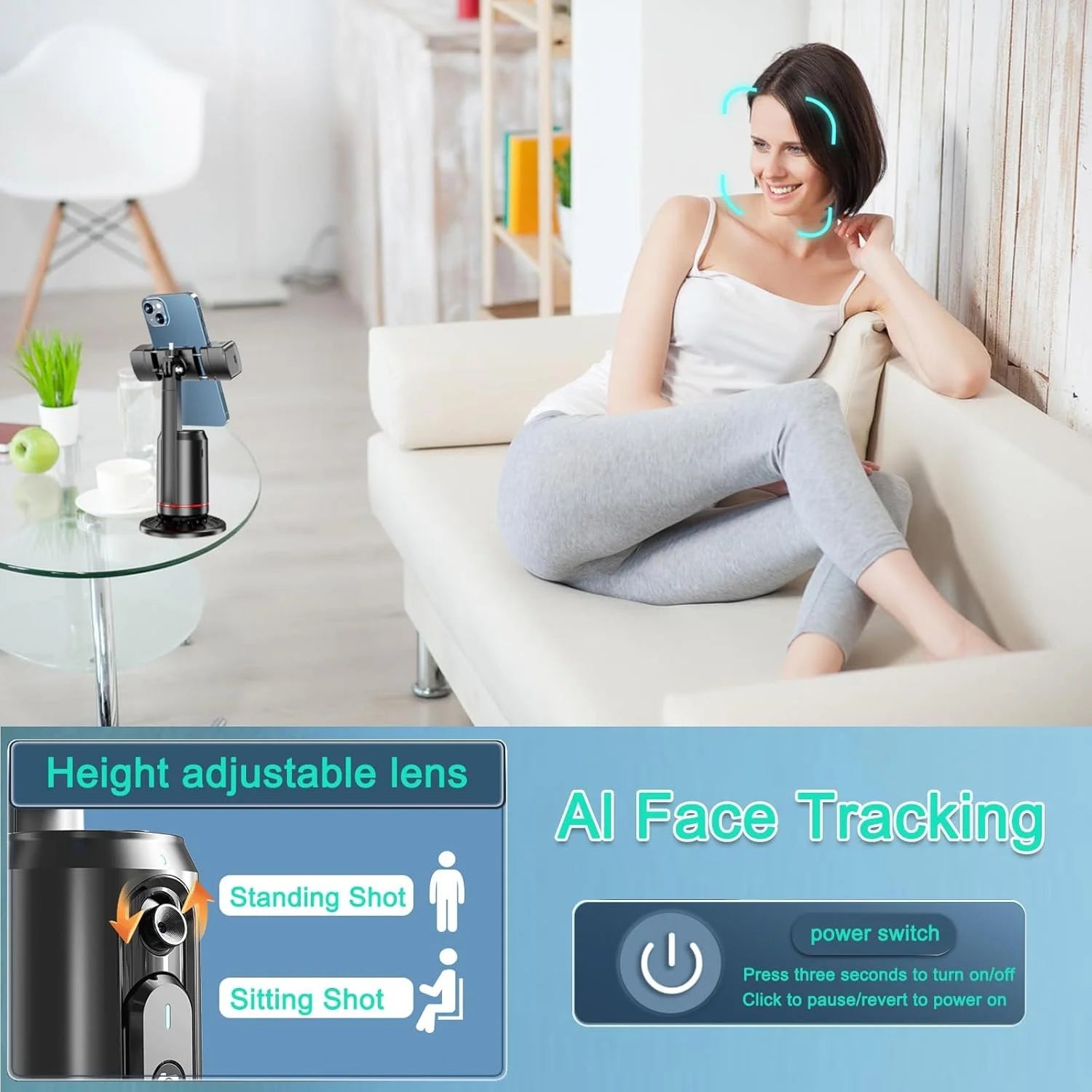 Auto Face Tracking Tripod, Smarts 360° Rotating Auto Tracking with Remote and RGB Fill Lights, Rechargeable 