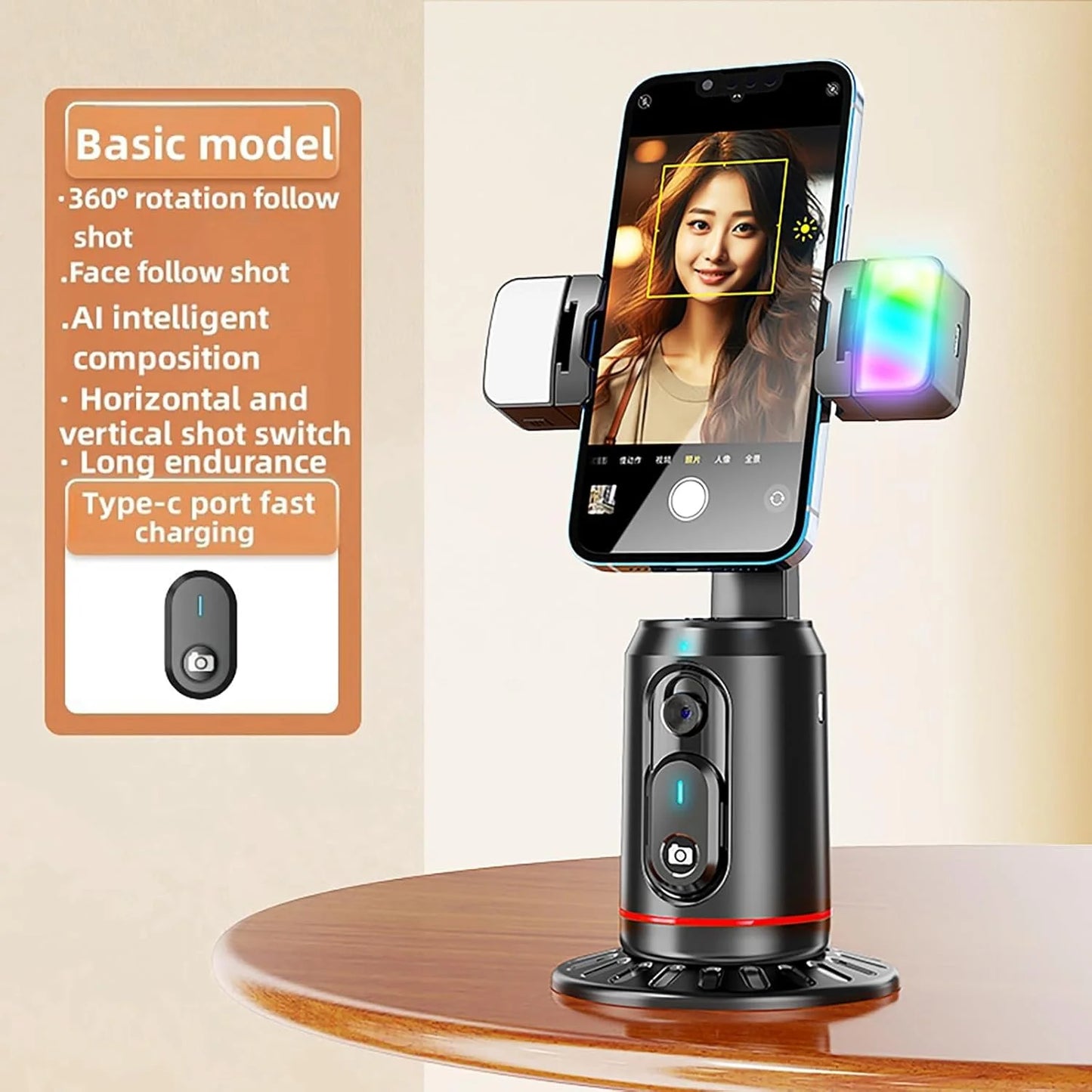 Auto Face Tracking Tripod, Smarts 360° Rotating Auto Tracking with Remote and RGB Fill Lights, Rechargeable 