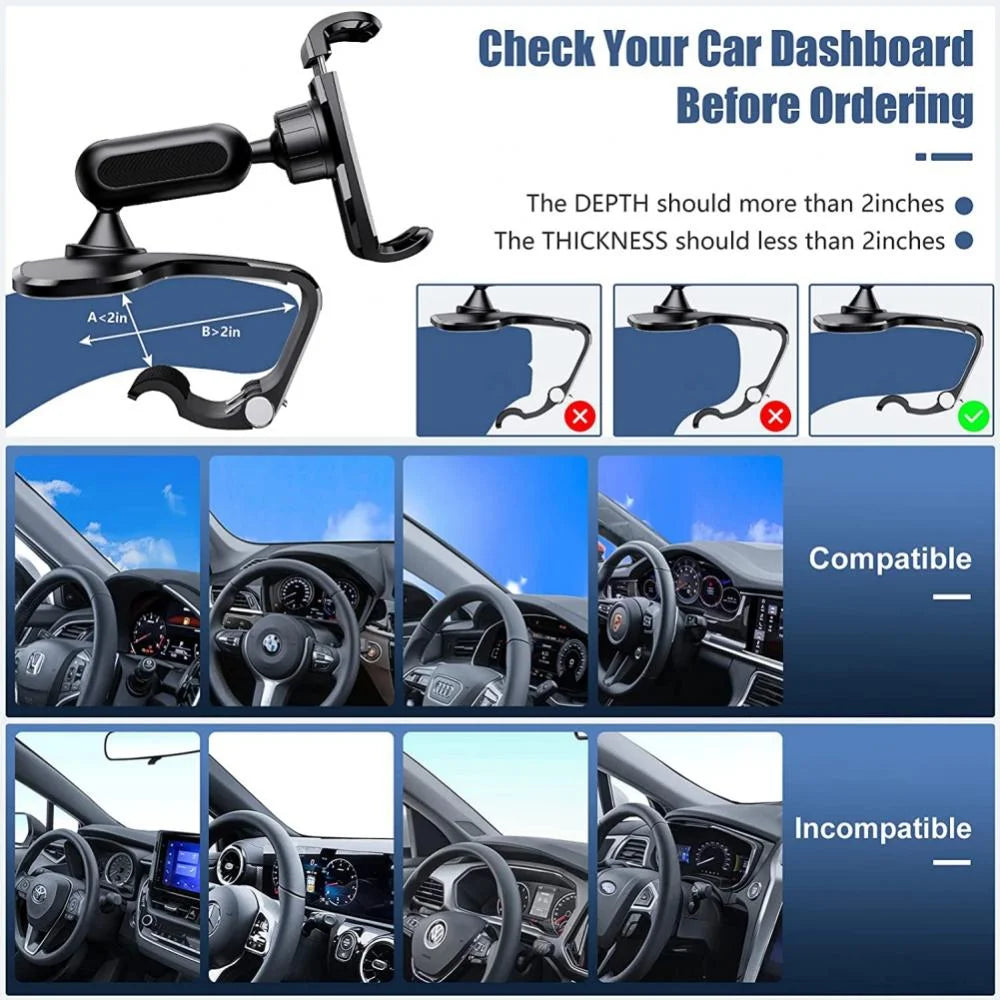 Car Phone Holder Mount 360 Degree Rotation Dashboard Cell Phone Holder for Car Clip Mount Stand Suitable for 4 to 7 Inch Smartphones