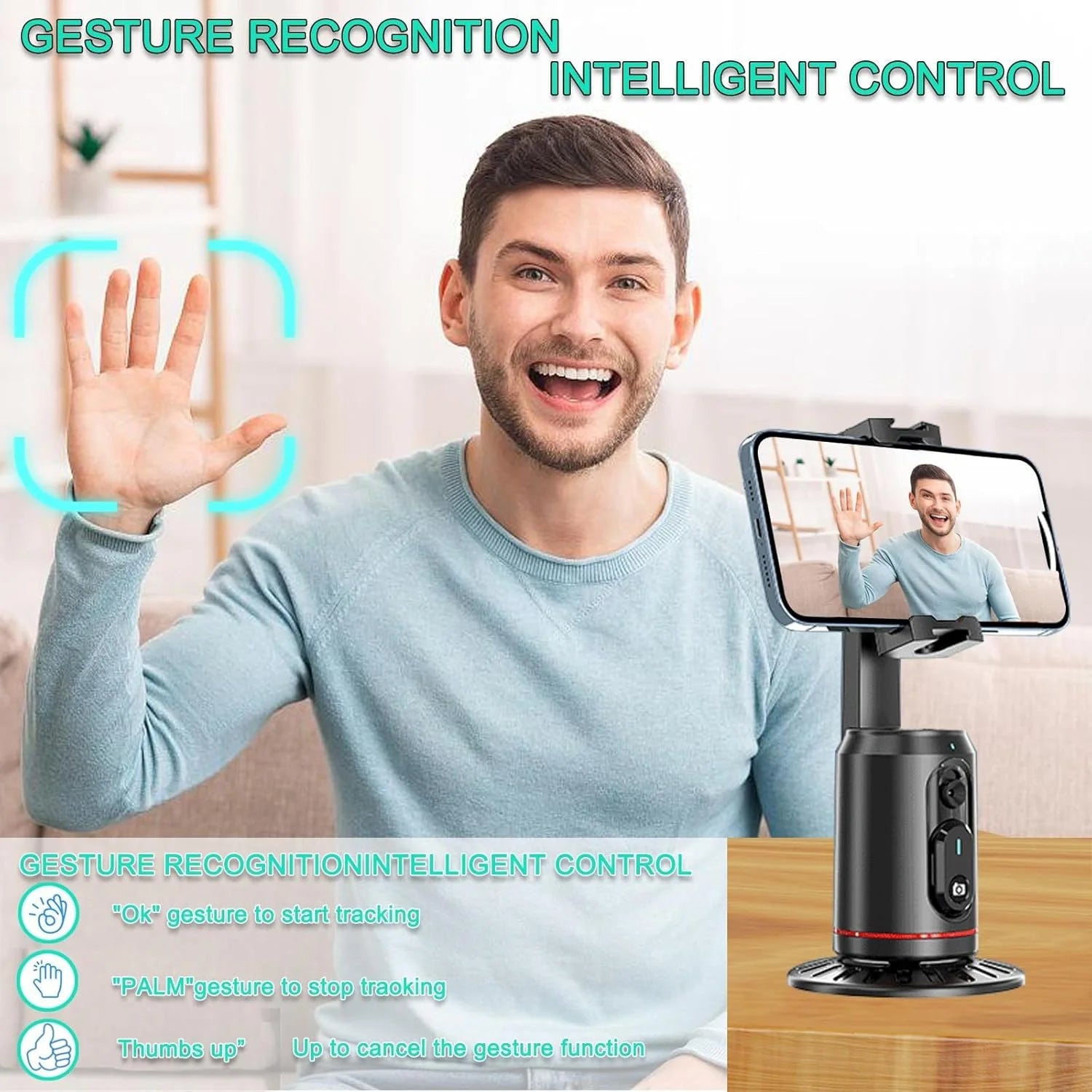 Auto Face Tracking Tripod, Smarts 360° Rotating Auto Tracking with Remote and RGB Fill Lights, Rechargeable 