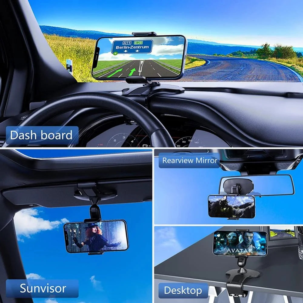 Car Phone Holder Mount 360 Degree Rotation Dashboard Cell Phone Holder for Car Clip Mount Stand Suitable for 4 to 7 Inch Smartphones