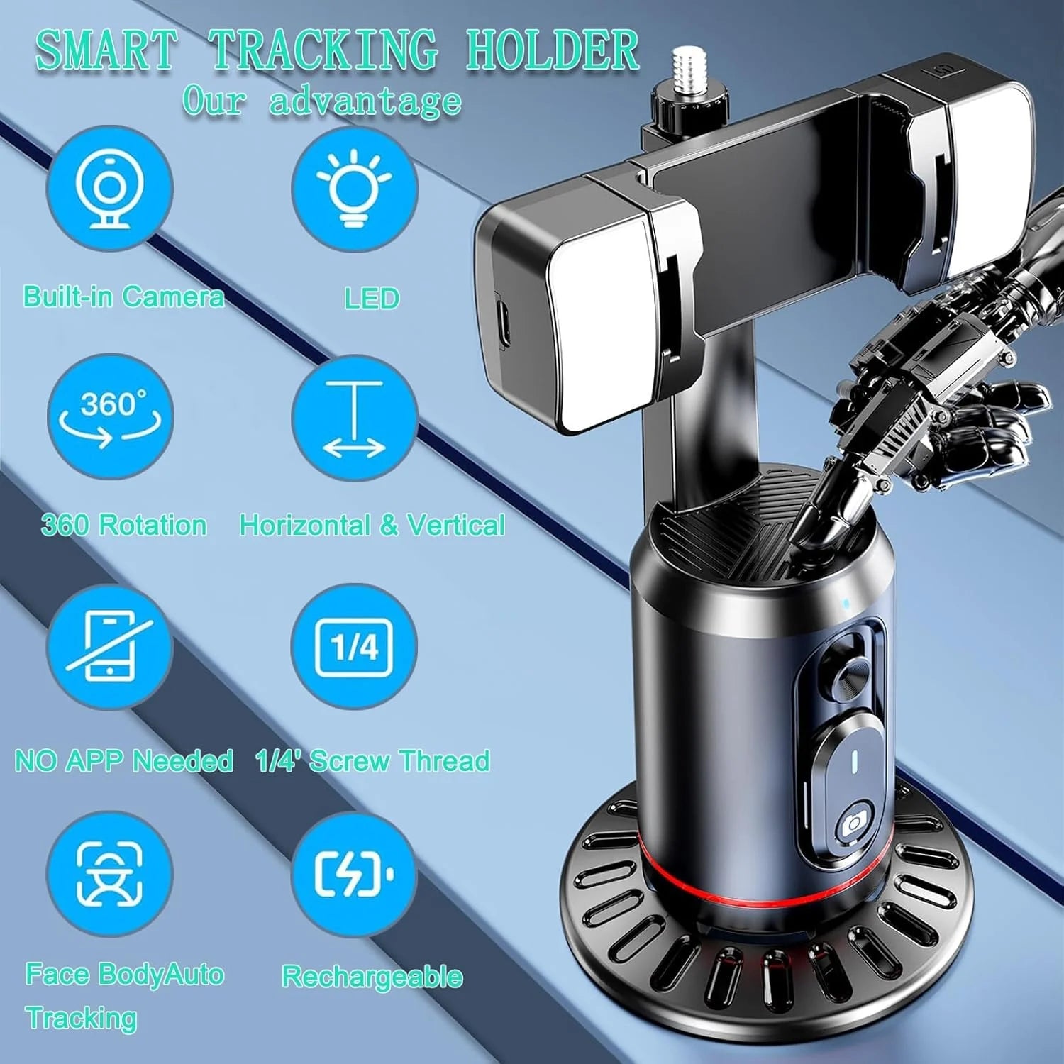 Auto Face Tracking Tripod, Smarts 360° Rotating Auto Tracking with Remote and RGB Fill Lights, Rechargeable 